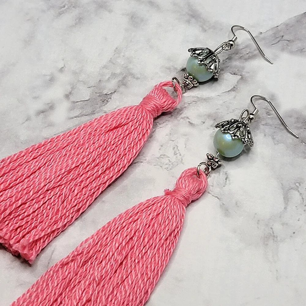Handmade Tassel Earrings Pink Minty Teal Pearlescent Faux Pearl Bell Boho Hippie